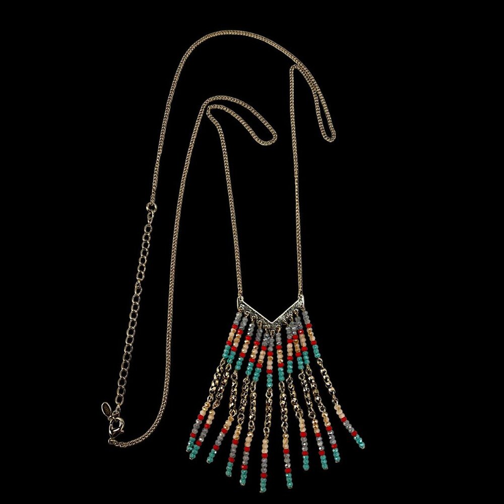 Premier Designs Gold Tone V-Shaped Beaded Dangle Necklace Blue & Red 34"